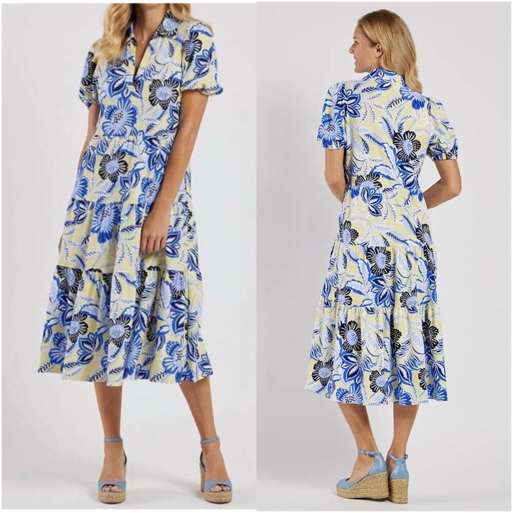 JUDE CONNALLY Portia Tiered Midi Dress Blooming Botanics Butter Jude Cloth